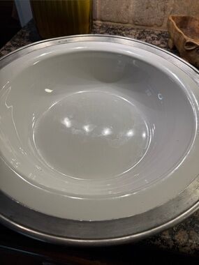 ConvictioWhite Ceramic Serving Bowl with Stainless Rim - huge. Perfect